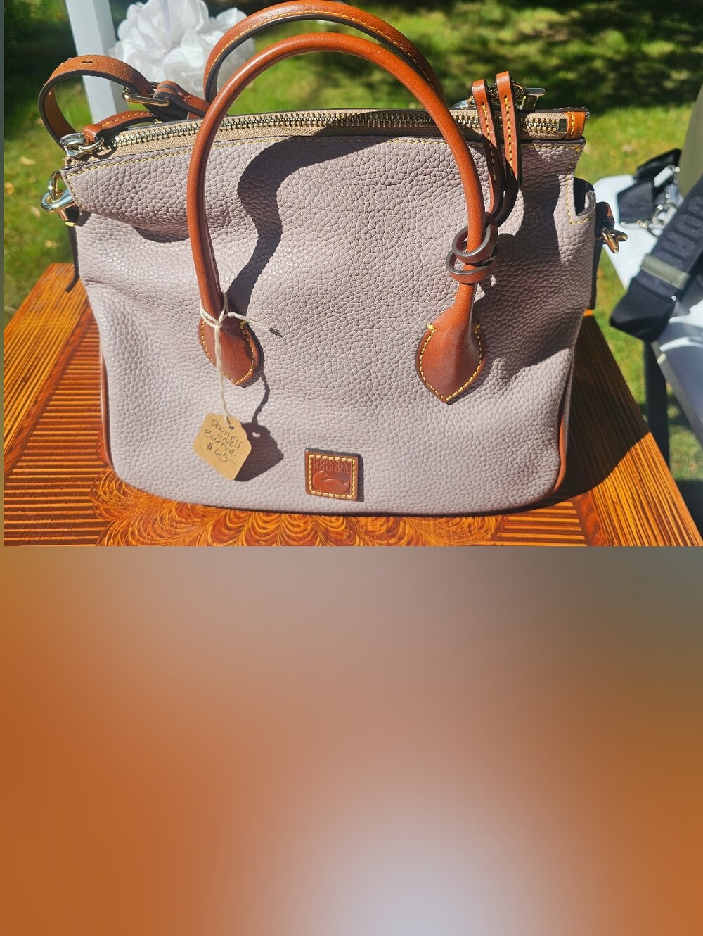 Taupe Leather Satchel Handbag with Brown Trim